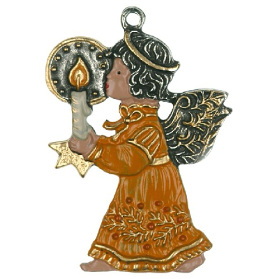 Pewter Ornament Angel with Candle orange