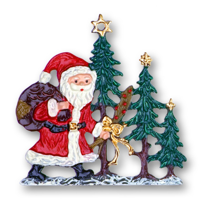 Pewter Ornament Santa Claus with 3 Christmas Trees