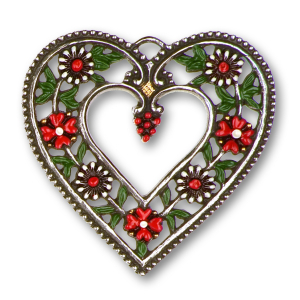Pewter Ornament Heart with Pearls bordered red