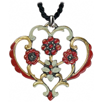 Pewter Necklace Heart with four Flowers red