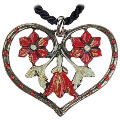 Pewter Necklace Heart with three Flowers red