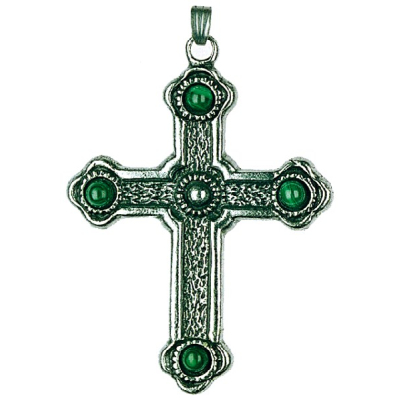 Pewter Ornament Cross antique finish with four green Stones