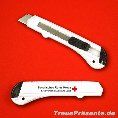 Cuttermesser breit weiß mit Feststeller, ca. 15 x 4 cm, inklusive individuellem Druck