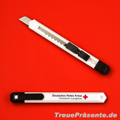 Cuttermesser schmal weiß mit Feststeller, ca. 13 x 1,5 cm, inklusive individuellem Druck