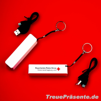 Powerbank weiß 2200 mAh inkl. USB-Kabel und Schlüsselring, inklusive individuellem Druck