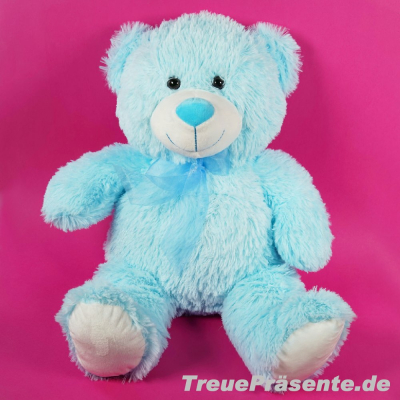 Plüsch-Bär blau mit Schleife, sitzend. ca. 35 cm