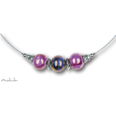 Collier -5101- blau-rosa (3 Keramikperlen), L: 42 cm