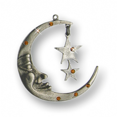 Pewter Ornament Moon with 12 yellow Stones and movable inner part stars with 4 yellow Stones