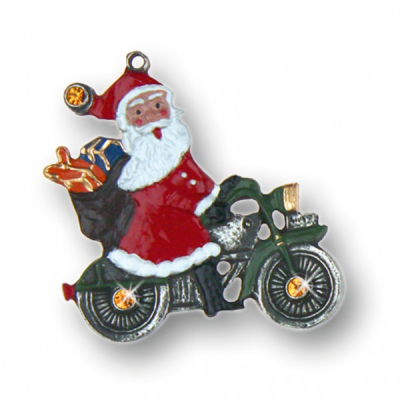 Pewter Ornament Santa Claus on Motorcycle with 6 Stones yellow